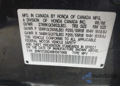 2009 Acura Mdx z USA, uszkodzony, nr VIN 2HNYD28249H507060